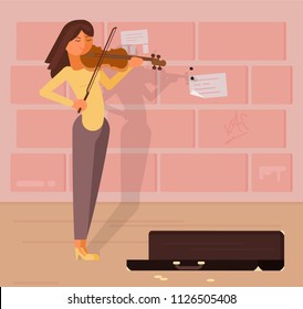 Vector illustration of young girl musician playing violin in street. Street musician flat style design element.