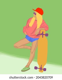 Vector Illustration of young girl on skateboard. Extreme girl in T-shirt and baseball cap with skateboard. Girl is ready to ride and jump on skateboard. Fashion sketch of extreme girl.