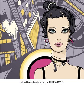 vector illustration of a young girl on an urban background