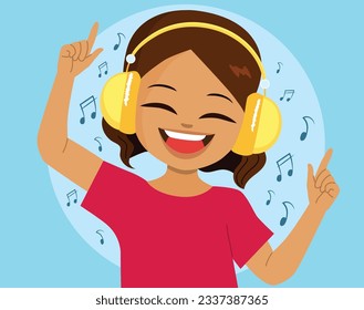 Vector illustration of young girl over blue background listening music and dancing. Happy smiling female kid enjoying leisure activity