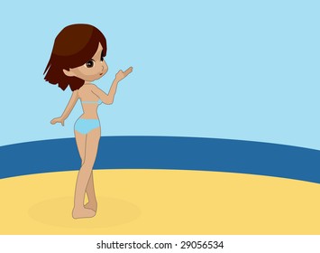 Vector illustration of a young girl posing on the beach