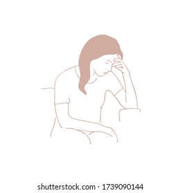 Vector illustration of a young girl put her head on her hand, woman sad,cartoon design