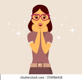 Vector illustration of young girl puts her hands together near face and opens month on light background with stars.Art design for web,site,advertising,banner,poster,flyer,brochure,board,paper print