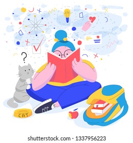 Vector illustration of a young girl reading a book and having lots of ideas and thoughts. Concept design of girls education, search for knowledge, books loving. Cartoon trendy style