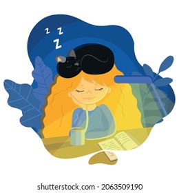 Vector illustration a young girl was reading a book and fell asleep with her favorite black cat on her head