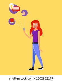 Vector illustration of a young girl with red hair and a smartphone in the hand from which some icons have to do with communications