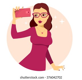 Vector illustration of young girl in red dress makes selfie photo on pink background. Art design for web, site, advertising, banner, poster, flyer, brochure, board, paper print.