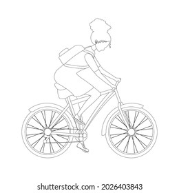 Vector illustration of a young girl rides a bicycle in a dress and with a backpack. Out line drawn. A student or schoolgirl goes to class. Woman cyclist riding a bicycle