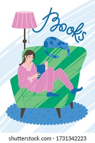Vector illustration of a young girl sitting in a chair and reading a book. The floor lamp stands by the chair. The cat is sleeping on the back of the chair. Abstract background.