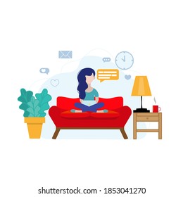 Vector illustration. A young girl is sitting and working in her living room. Stay at home. Work remotely. 