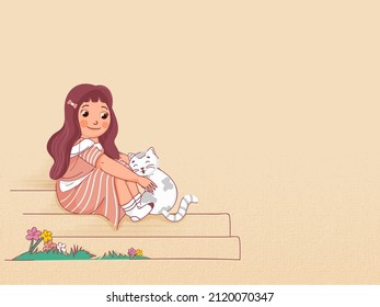 Vector Illustration Of Young Girl Sitting With Cute Girl At Stair And Copy Space On Peach Background.