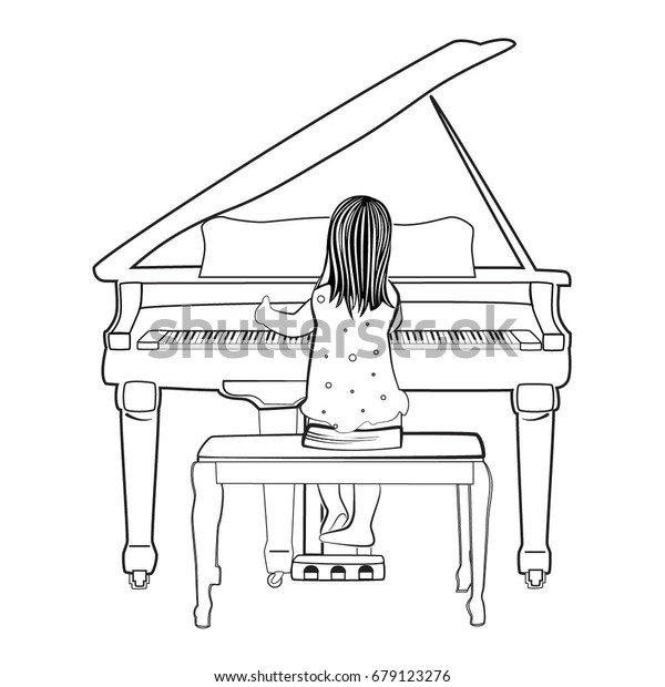 白い背景に本に座り ピアノで演奏する若い女の子のベクターイラスト