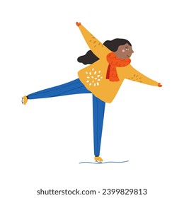 Vector illustration of a young girl skating on ice in a big warm jacket. Flat graphic image isolated on white background