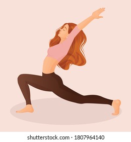 Vector illustration of a young girl in a sports pose on a pink background. Illustration of yoga, meditation, sports, healthy lifestyle, yoga poses, asanas, fitness, exercise, gymnastics, workouts.