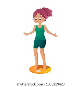 Vector illustration with a young girl in sportswear. American girl weighed on the scales on a white background. The girl gained weight. The girl is upset and shocked.