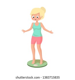 Vector illustration with a young girl in sportswear. Girl blonde weighed on the scales on a white background. The girl gained weight. The girl is upset and shocked