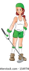 Vector illustration of young girl in sporty outfit, holding golf club.