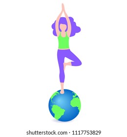 vector illustration of a young girl standing on a globe, flat design