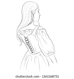 Vector illustration of a young girl standing back in a corset with flowing hair