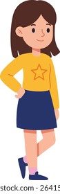 Vector illustration of a young girl standing confidently with her hand on her hip, wearing a yellow star sweater and navy blue skirt, conveying a cheerful mood.