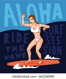 Vector illustration of young girl standing on surfboard and riding on ocean wave. Water sports concept design of poster for surfing event.