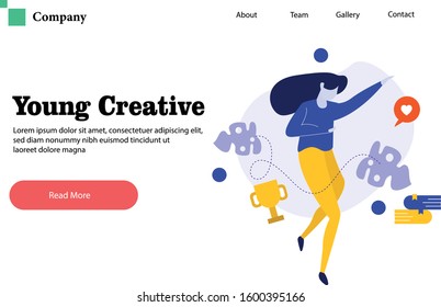 vector illustration, a young girl student with trophy , landing page flat illustration