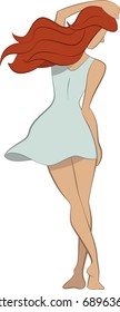 Vector illustration of young girl in summer dress with her hair flying in the wind 