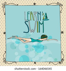 vector Illustration of a young girl swimming with learn to swim text