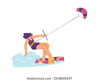 Vector illustration of a young girl in a swimsuit kitesurfing in the sea. The image highlights happiness, splashes and the freedom of summer outdoor recreation.