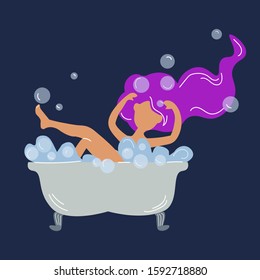 vector illustration of young girl takes a bath with foam. flat style.