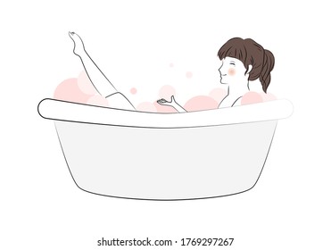 Vector illustration of young girl taking bubble bath