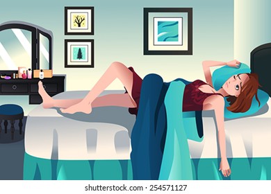 A vector illustration of young girl trying to sleep