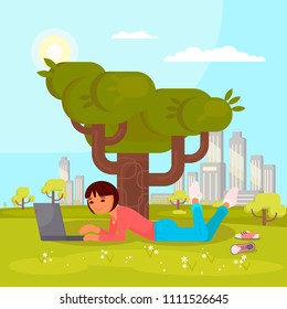 Vector illustration of young girl using laptop while lying on green grass in city park. Flat style design.