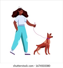 Vector illustration with young girl walking her dog in trendy flat style isolated on white. Hand drawn female character with Doberman. Friends going out together. 