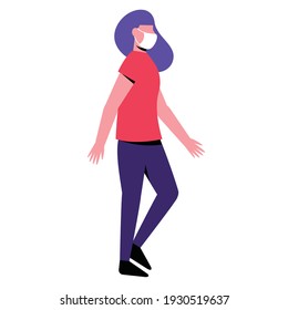 Vector illustration of a young girl walking while wearing a mask. 4000 x 4000 pixel perfect.