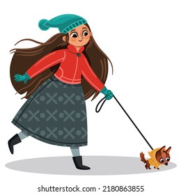 Vector illustration of young girl walking her dog in winter clothes.