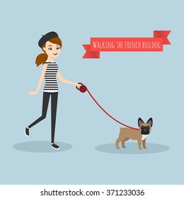 Vector illustration of young girl walking with her french bulldog.

