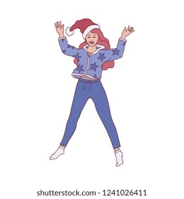 Vector illustration of young girl in warm home clothes and red Santa Claus hat jumping with happiness and joyful in sketch style - isolated hand drawn woman celebrating Christmas and New Year.
