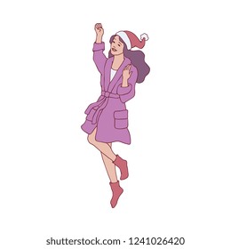 Vector illustration of young girl in warm home bathrobe and red Santa Claus hat jumping and dancing with happiness and joyful in sketch style for Christmas and New Year celebrating concept.