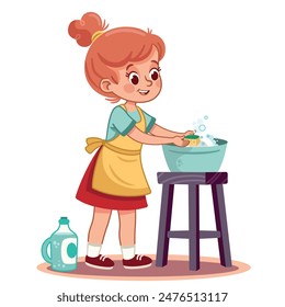 Vector illustration of a young girl washing dishes.