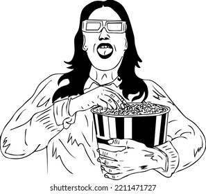 Vector Illustration Of Young Girl Watching Movie And Eating Popcorn, Woman Wearing 3d Googles And Watching 3d Movie Sketch Drawing, Cinema Watching Girl Cartoon Drawing