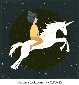 Vector illustration with young girl and white unicorn with stars. Magic greeting card design