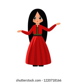 Vector illustration of a young girl, a woman in a national dress dancing. Character in the style of flat female in a red suit. White background. 