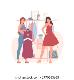 Vector illustration of young girlfriends smiling and trying on stylish dresses while shopping during sale on weekend day in mall together