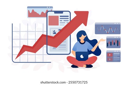 Ilustración vectorial de las niñas jóvenes que aprenden conocimientos financieros, análisis de datos, estadísticas y contabilidad a través de App móviles en un entorno de educación digital moderno