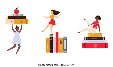 Vector illustration of young girls and piles of books.