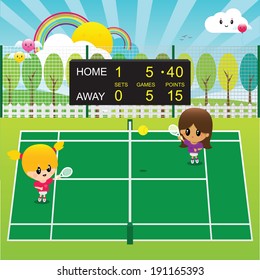 Vector Illustration of young girls playing tennis on a cute green background with sky and trees and a scoreboard