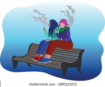 Vector illustration of young girls smoking (vaping) an electronic cigarette in a public place on a bench