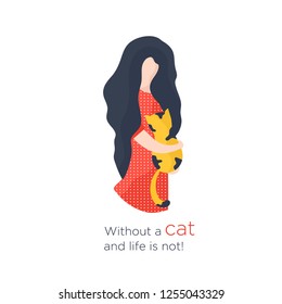 Vector illustration of young girls who spend time with their Pets, cats. Hold the cat in his arms, play.Illustrations for web, posters, etc. Flat cartoon style.