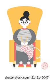 Vector illustration with a young grandmother or woman sitting in a soft yellow chair and knitting. Grandmother with glasses in a flat style. A ball of wool. Needlework, pension.Stay at home and do
